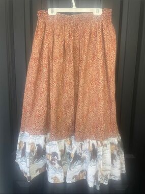 Rust Floral Tiered Vintage Maxi Skirt with Horse Print Ruffle